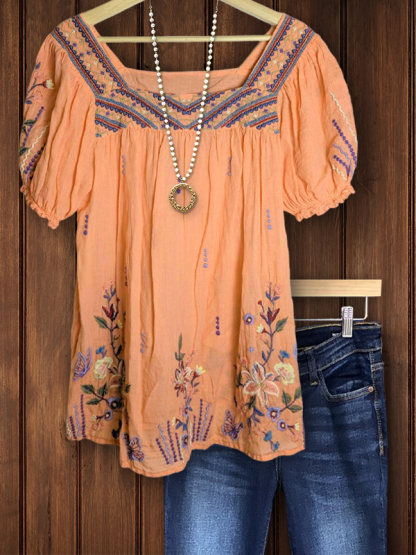Casual Ethnic Style Floral Embroidered Short-Sleeved Top