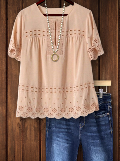 Casual Elegant Hollow Lace Short Sleeve Top
