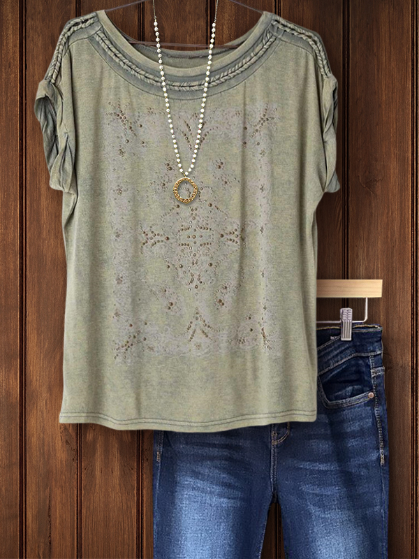 Women's top | Casual Retro Metal Rhinestone Printed Short Sleeve Top |Website-shopcharmingrose