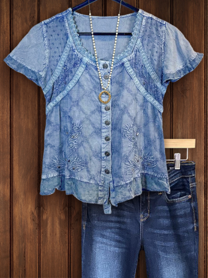 Elegant Floral Embroidered Lace Short Sleeve Top
