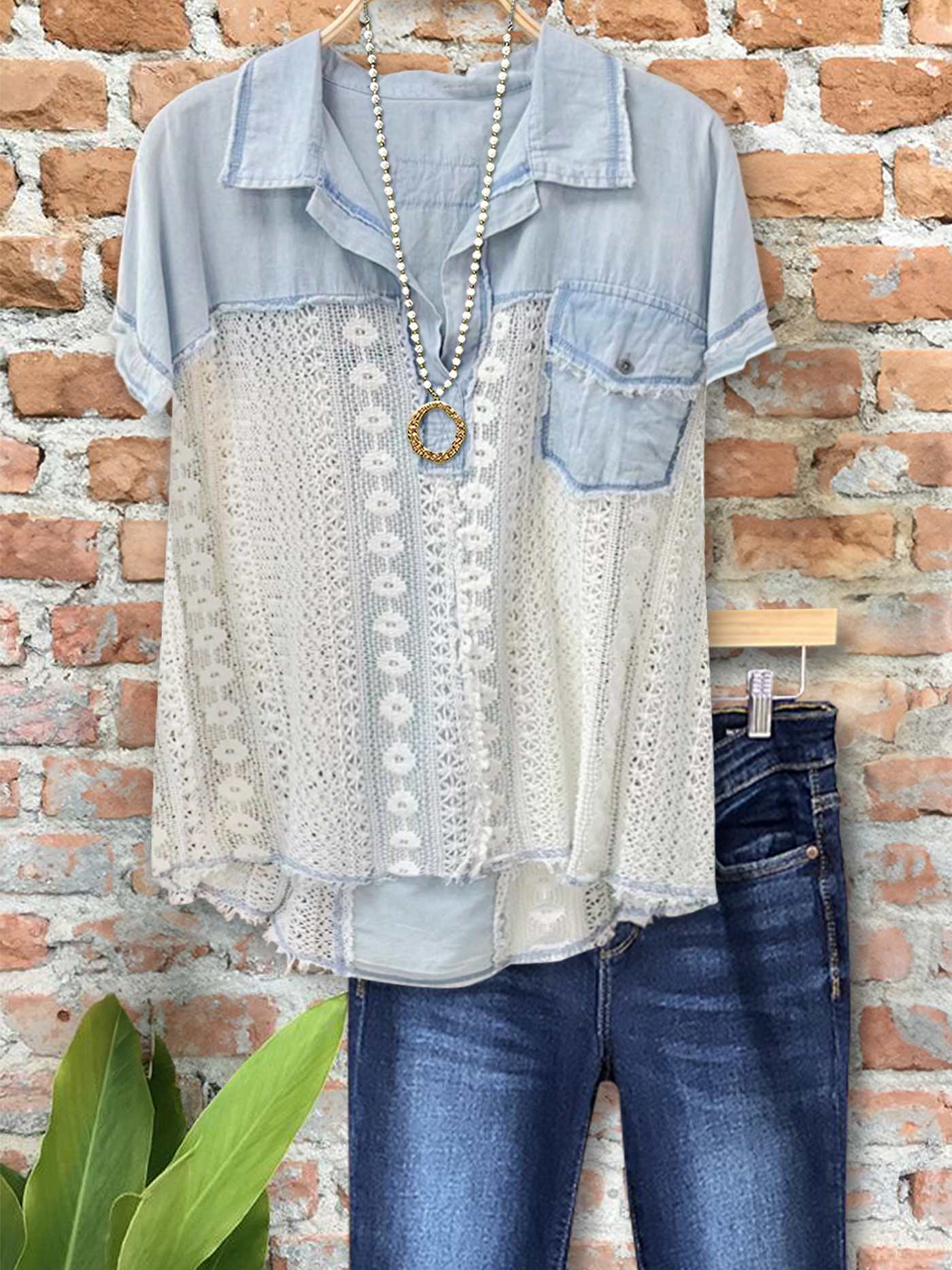 Casual Hollow Lace Stitching Single Pocket Short-Sleeved Top