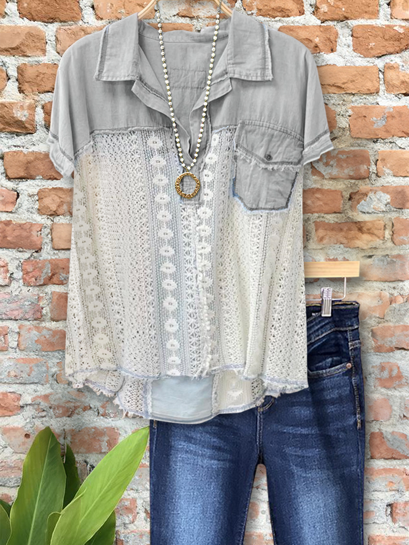 Casual Hollow Lace Stitching Single Pocket Short-Sleeved Top