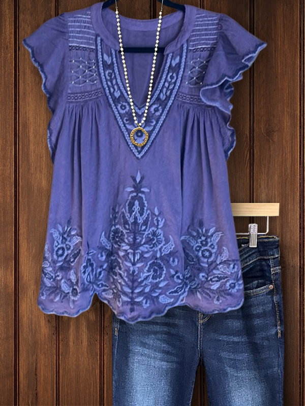 Women's top | Vintage Floral Embroidered Short-Sleeved Top |Website-shopcharmingrose