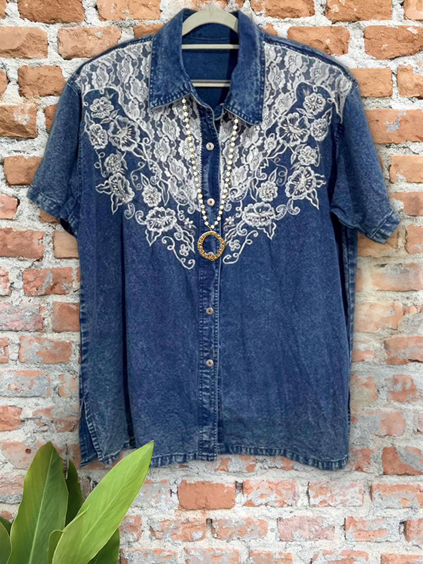 Women's top | Casual Lace Denim Short Sleeve Top |Website-shopcharmingrose