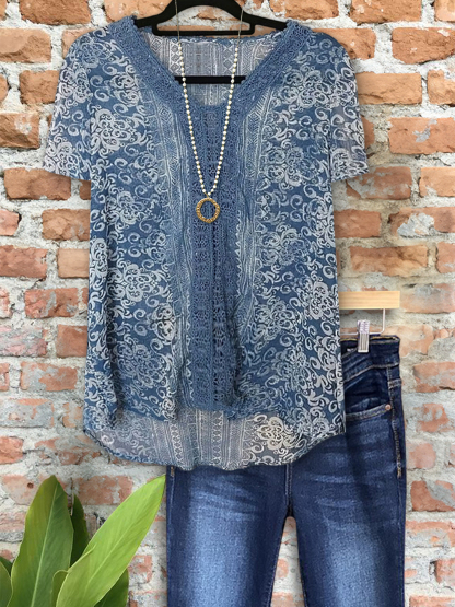 Casual Retro Floral Lace Short Sleeve Top