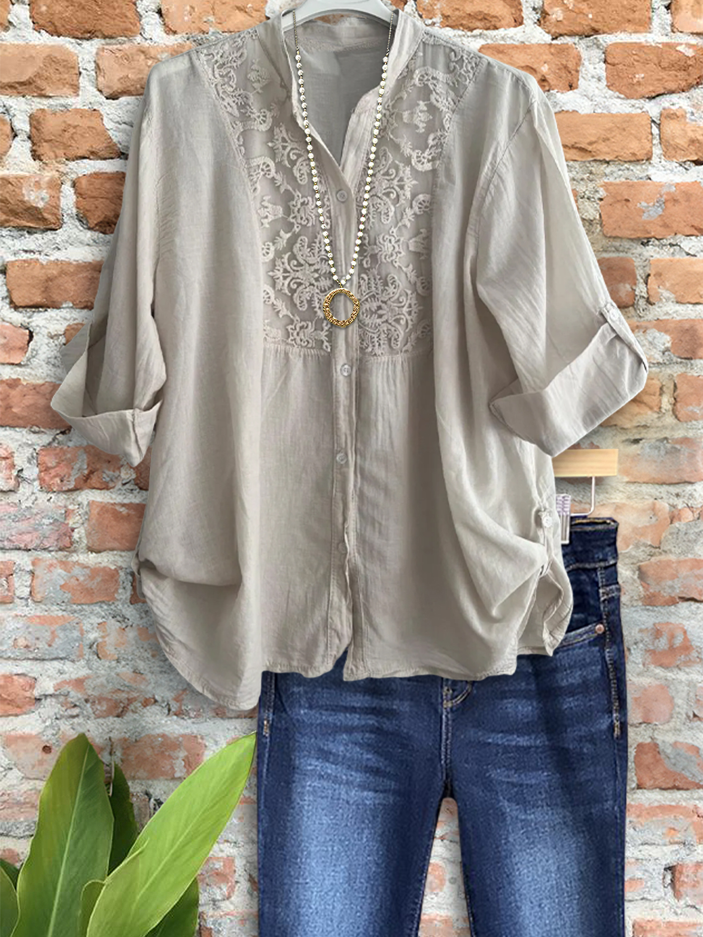 Women's top | Elegant Lace Paneled Top With Turned-Up Sleeves |Website-shopcharmingrose