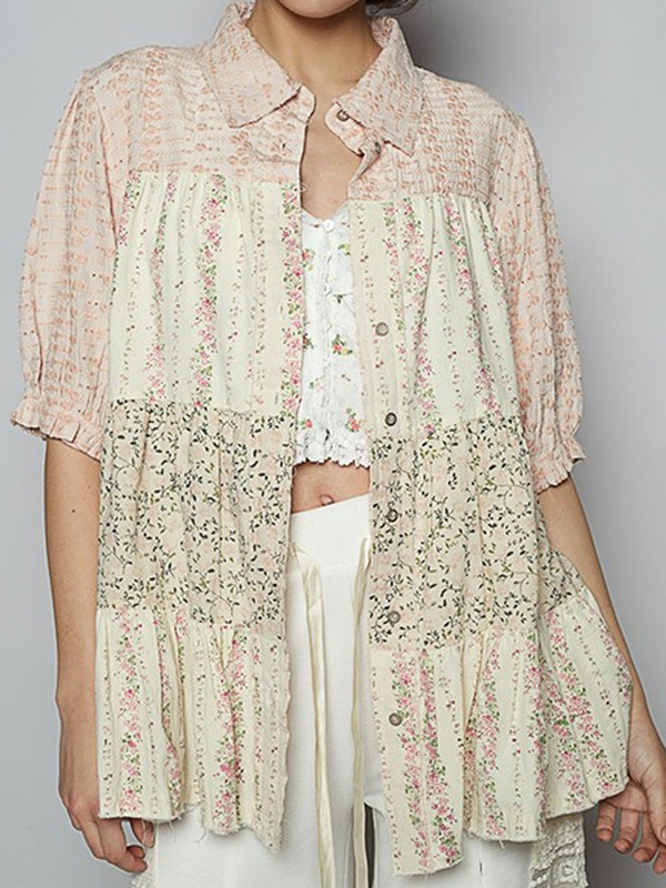 Casual Pastoral Style Floral Patchwork Short-Sleeved Top