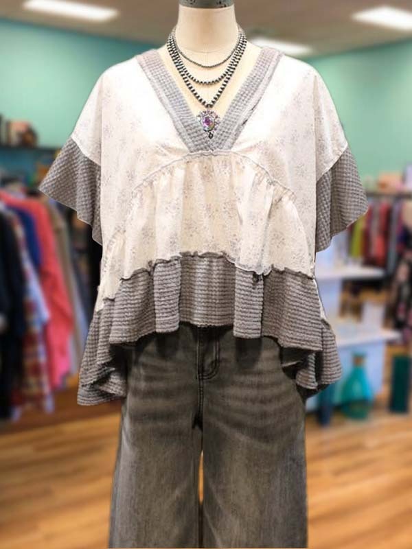Women's top | Casual Floral Patchwork Ruffled Short-Sleeved Top |Website-shopcharmingrose