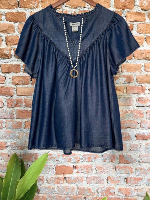 Vintage Ruffle Denim Short Sleeve Top