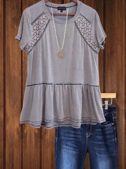 Casual Retro Lace Short Sleeve Top