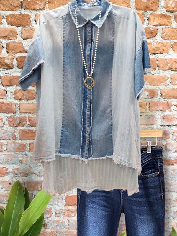 Women's top | Casual Brushed Denim Patchwork Short-Sleeved Top |Website-shopcharmingrose