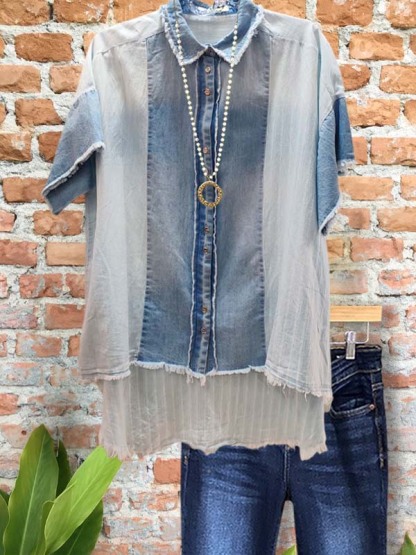 Casual Brushed Denim Patchwork Short-Sleeved Top