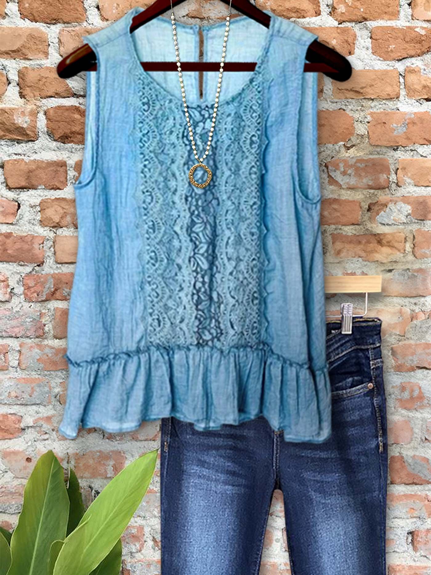 Women's top | Retro Casual Lace Panel Vest Top |Website-shopcharmingrose