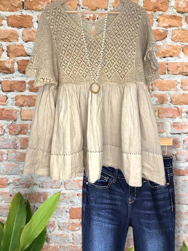 Women's top | Casual Hollow Crochet Patchwork Short-Sleeved Top |Website-shopcharmingrose