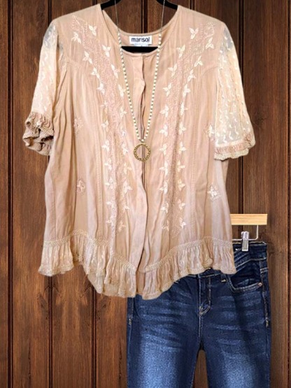 Casual Elegant Embroidered Short Sleeve Top