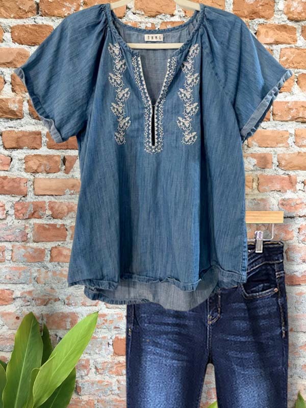 Women's top | Casual Retro Embroidered Short Sleeve Top |Website-shopcharmingrose