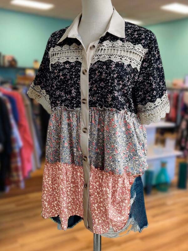Women's top | Casual Floral Lace Short Sleeve Top |Website-shopcharmingrose
