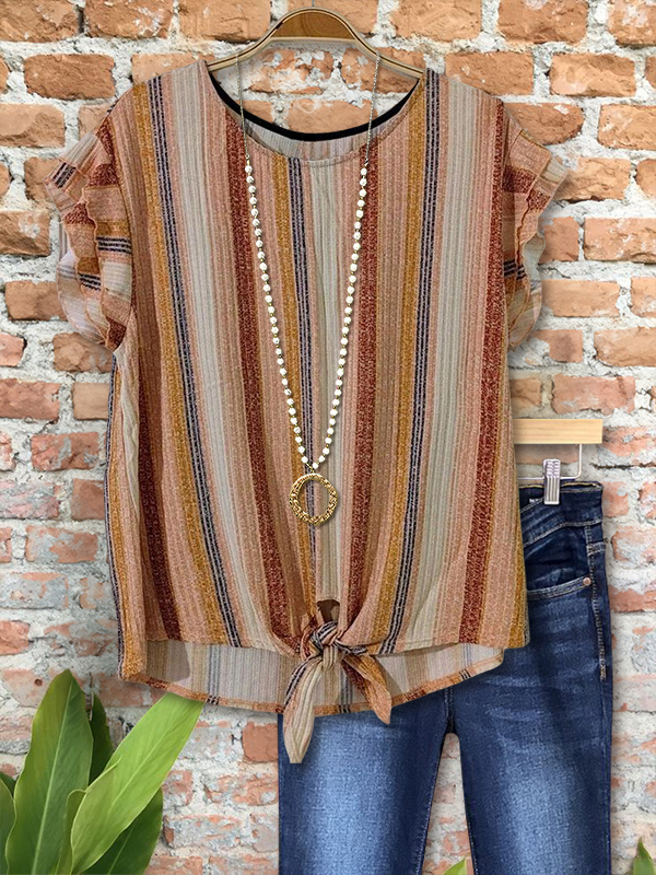 Casual Retro Striped Ruffle Short Sleeve Top
