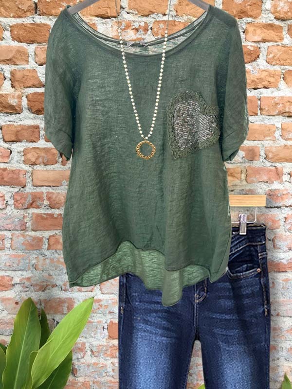 Casual Cotton And Linen Sequined Short-Sleeved Top