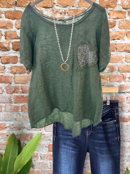 Casual Cotton And Linen Sequined Short-Sleeved Top