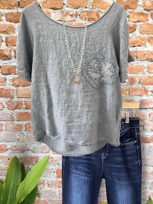 Casual Cotton And Linen Sequined Short-Sleeved Top
