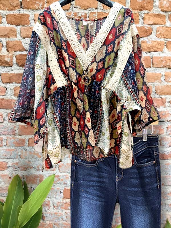 Retro Casual Floral Stitching Lace Top