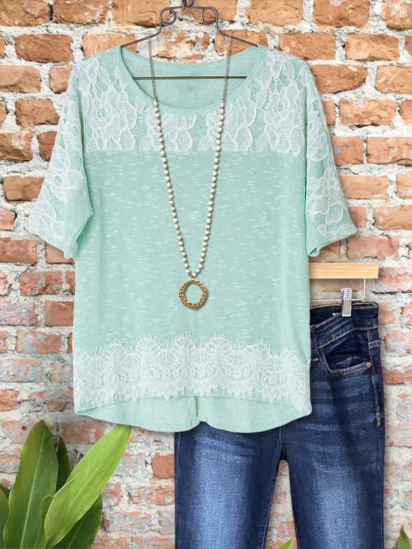 Casual Lace Panel Short Sleeve Top