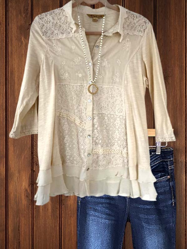 Women's top | Casual Elegant Lace Stitching Floral Embroidery Top |Website-shopcharmingrose