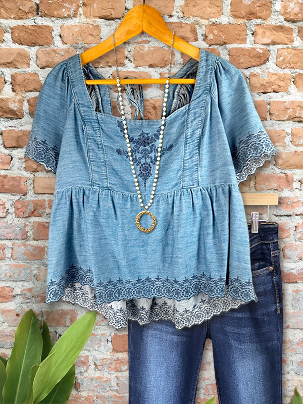 Casual Retro Embroidery Short Sleeve Top