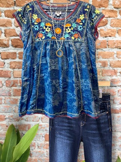 Casual Retro Embroidered Short Sleeve Top