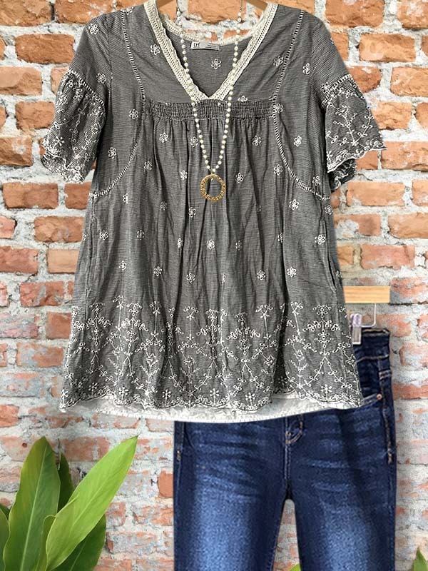 Women's top | Casual Floral Embroidery Short Sleeve Top |Website-shopcharmingrose