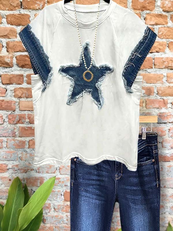 Women's top | Casual Denim Patchwork Short-Sleeved Top |Website-shopcharmingrose