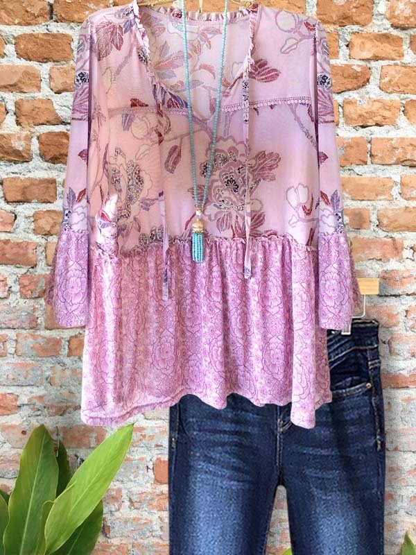 Elegant Floral Patchwork Ruffled Top