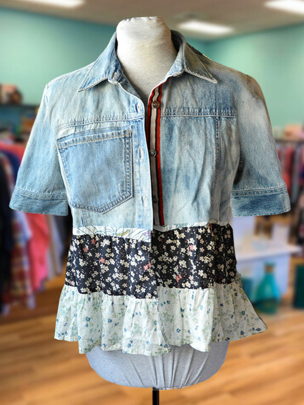 Women's top | Casual denim pocket patchwork floral short-sleeved top |Website-shopcharmingrose