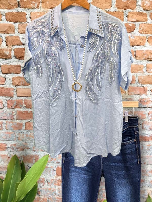 Elegant Casual Embroidered Sequined Short-Sleeved Top