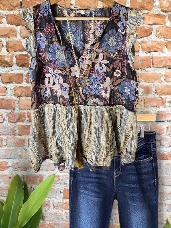 Women's top | Retro Floral Patchwork Short-Sleeved Top |Website-shopcharmingrose