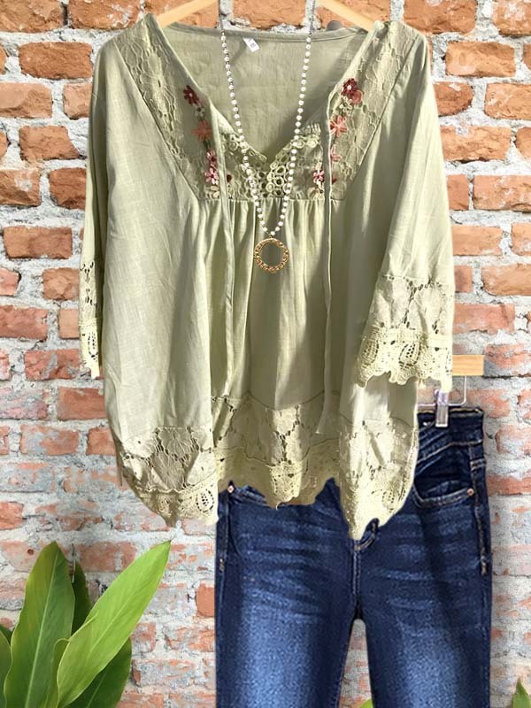 Women's top | Casual Embroidery Panel Lace Top |Website-shopcharmingrose