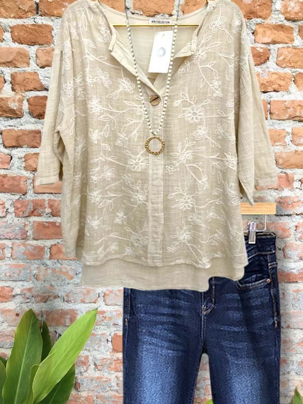 Elegant Casual Floral Embroidered Mid-Sleeve Top