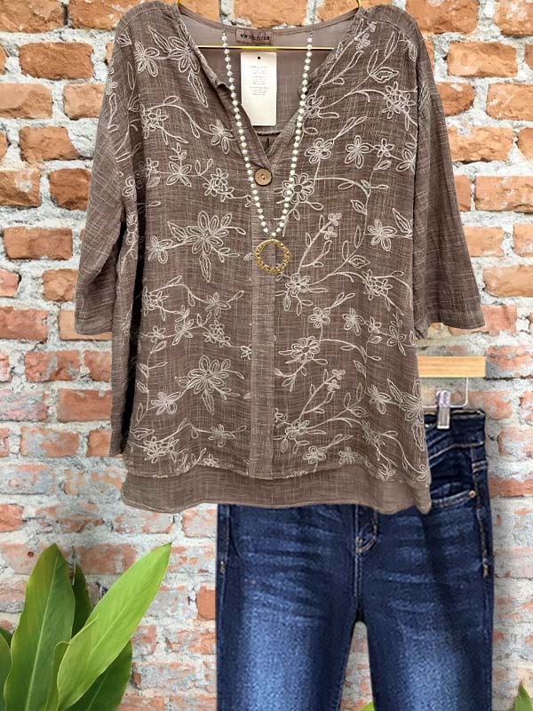 Women's top | Elegant Casual Floral Embroidered Mid-Sleeve Top |Website-shopcharmingrose