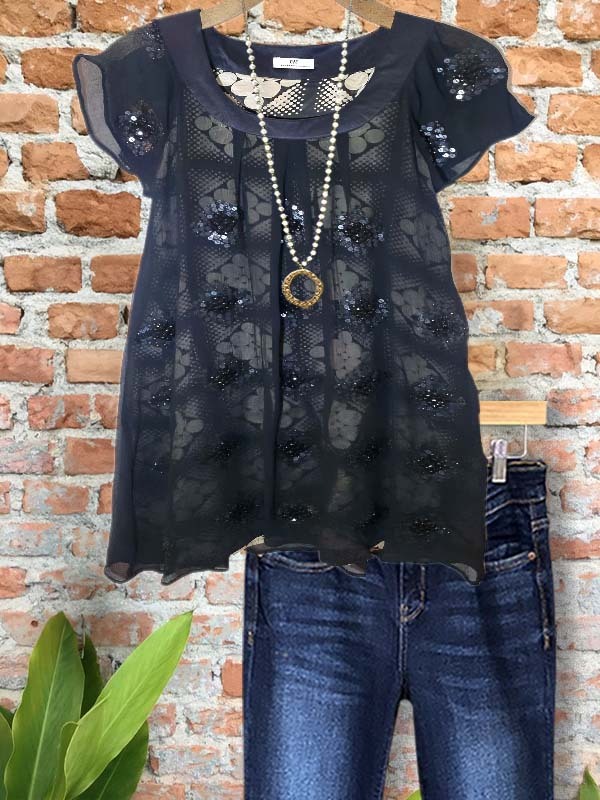 Women's top | Elegant Sequined Short-Sleeved Top |Website-shopcharmingrose