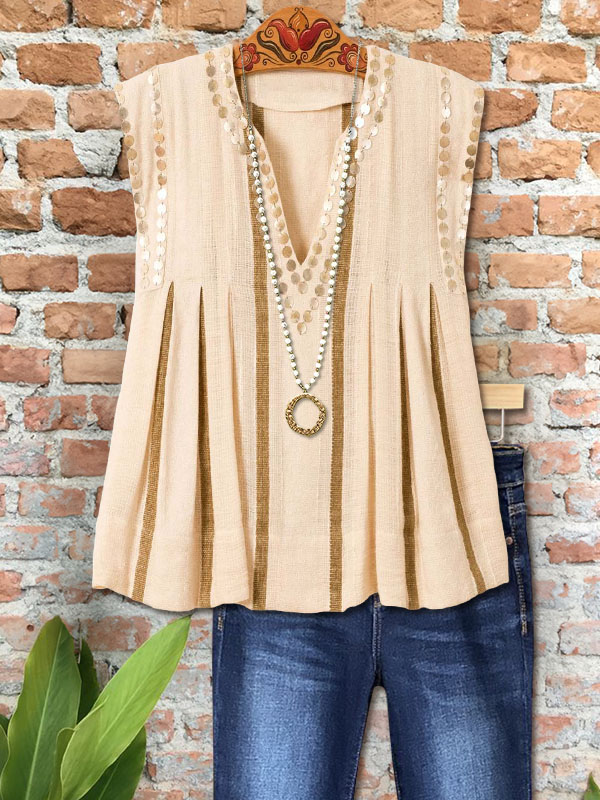 Casual Cotton And Linen Sequined Patchwork Top
