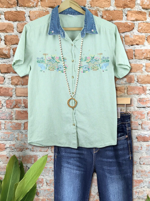 Casual Pastoral Style Denim Patchwork Short-Sleeved Top