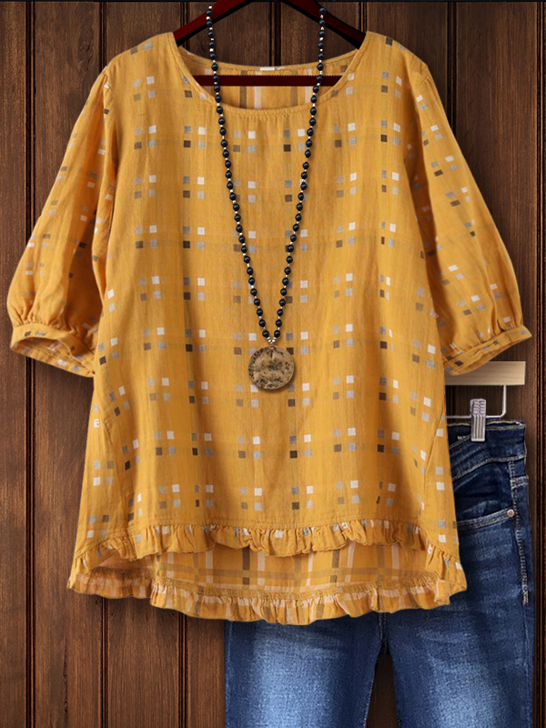 Women's top | Round Neck Casual Plaid Tee T-shirt |Website-shopcharmingrose