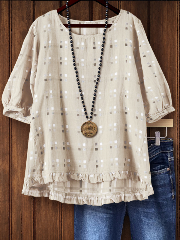 Women's top | Casual Round Neck Casual Plaid Tee T-shirt |Website-shopcharmingrose