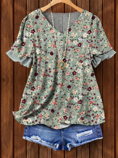 V-Neck Floral Print Ruffle Top