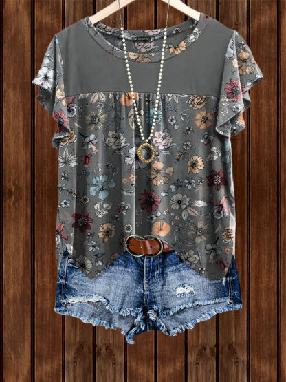 Floral Bell Sleeve Ruched Top