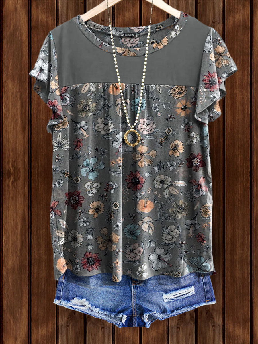 Floral Bell Sleeve Ruched Top