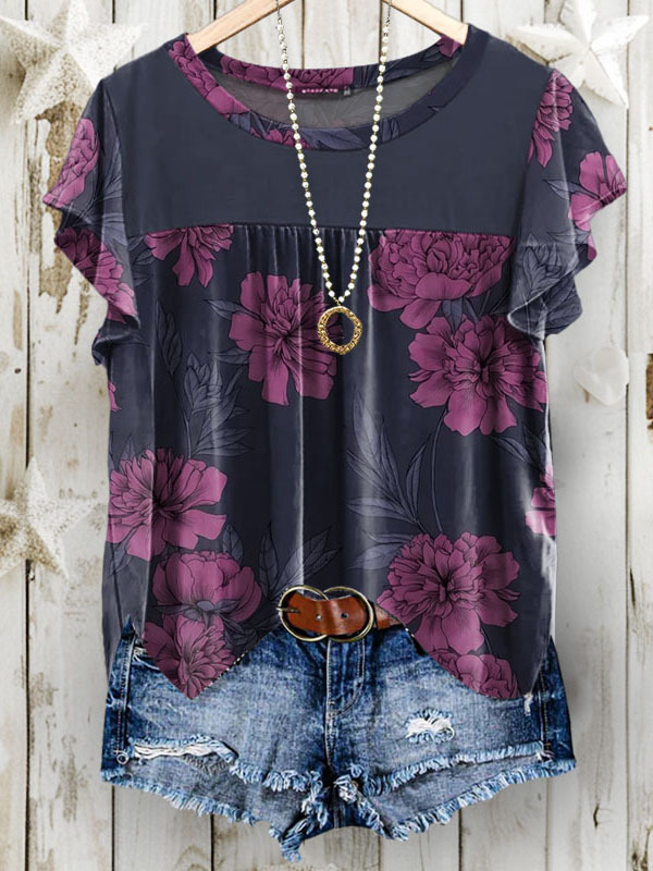 Round Neck Floral Print Bell Sleeve Top