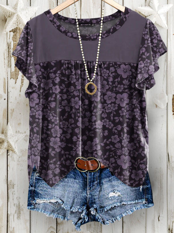 Round Neck Floral Print Bell Sleeve Top