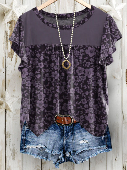Round Neck Floral Print Bell Sleeve Top